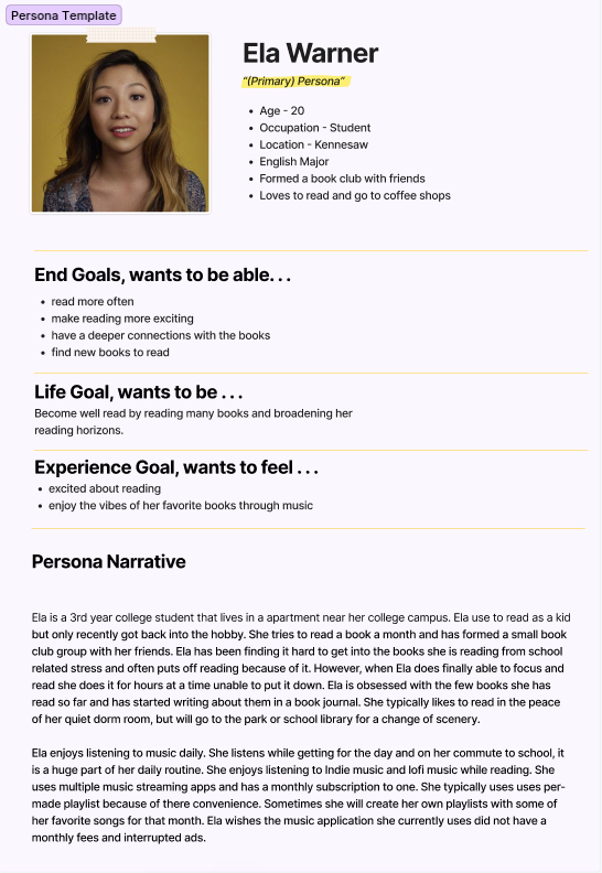 A screenshot of the persona, named Ela Warner.